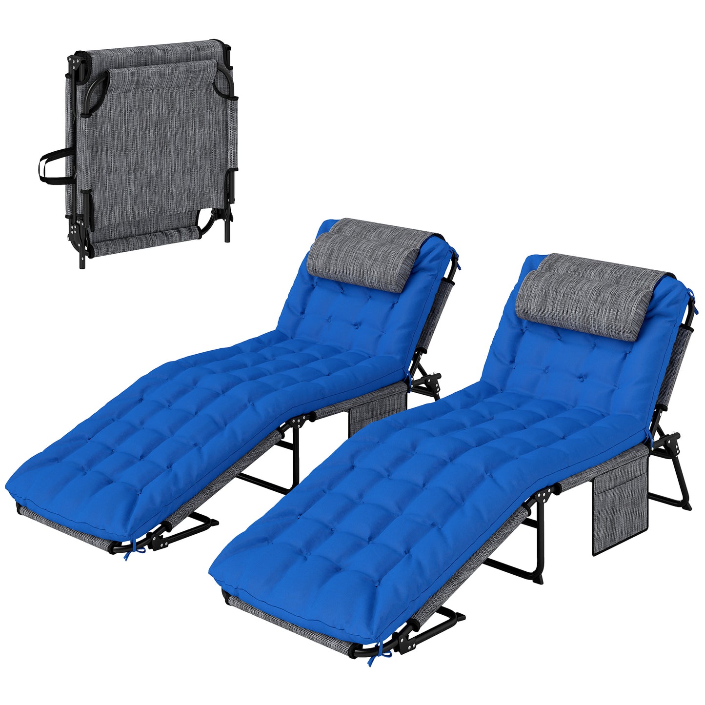 2-Piece Folding Lounge Chairs with Adjustable Backrest, Tanning Chair with Cushion, Side Pocket, Headrest, Beige