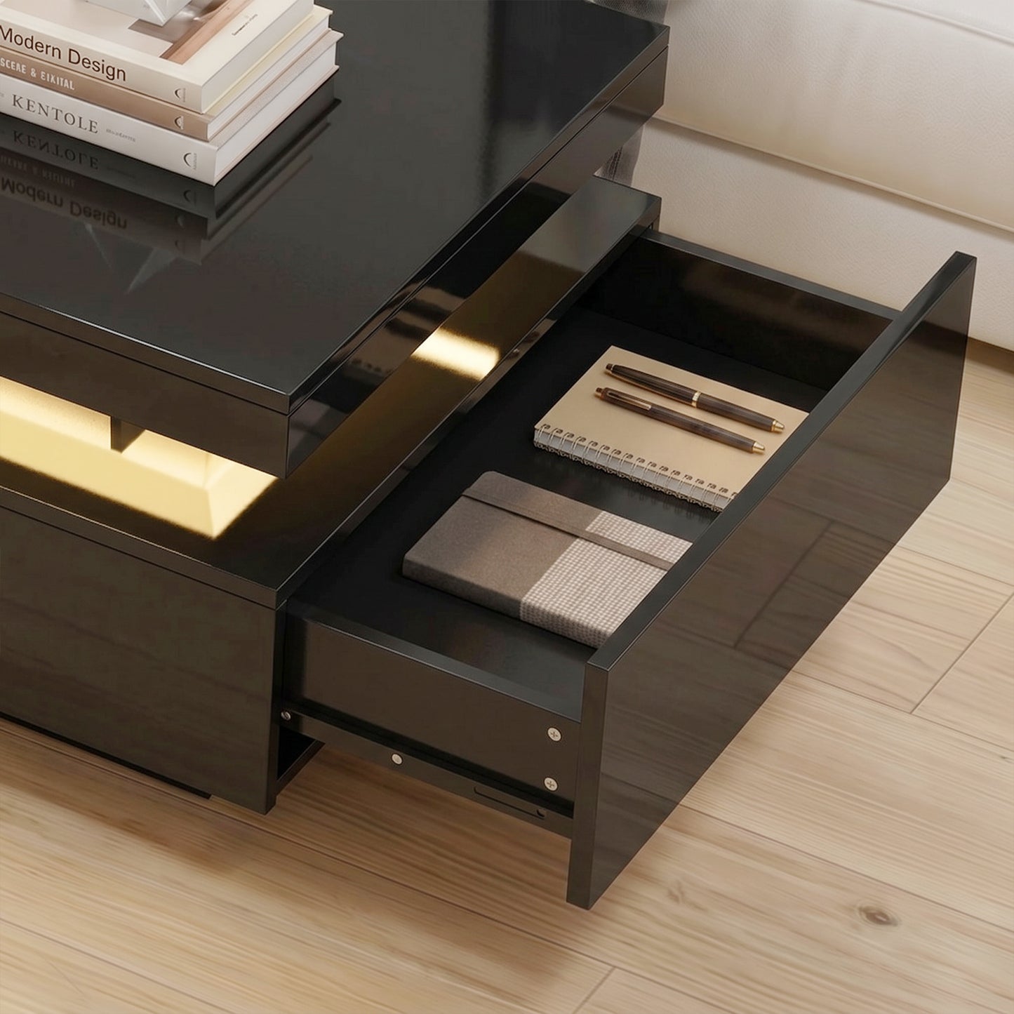 LED Coffee Table with Storage, 2-Tier Modern Center Table with 2 Drawers for Living Room, High Gloss Black