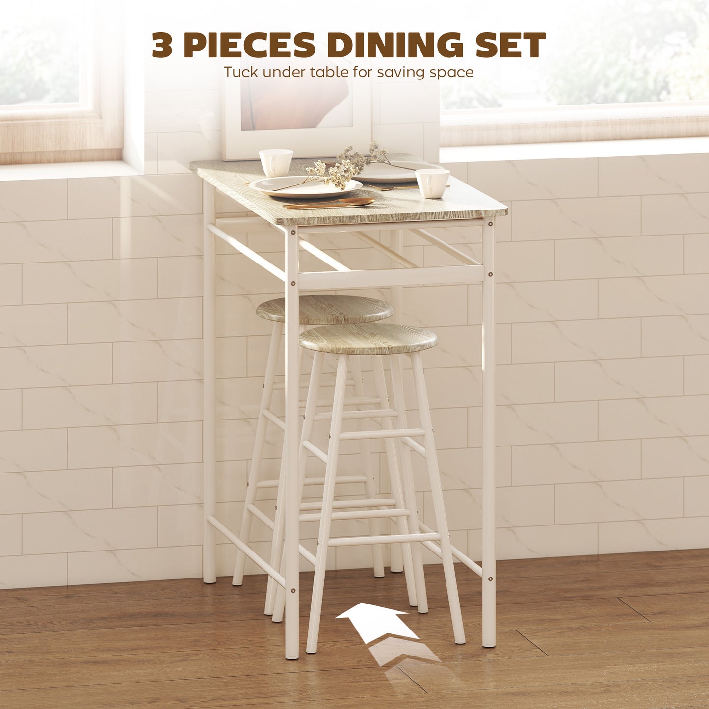3 Piece Counter Height Bar Table Set with 1 Table, 2 Matching Stools, Dining Table Set with Storage Shelf and Metal Frame Footrest, White and Oak