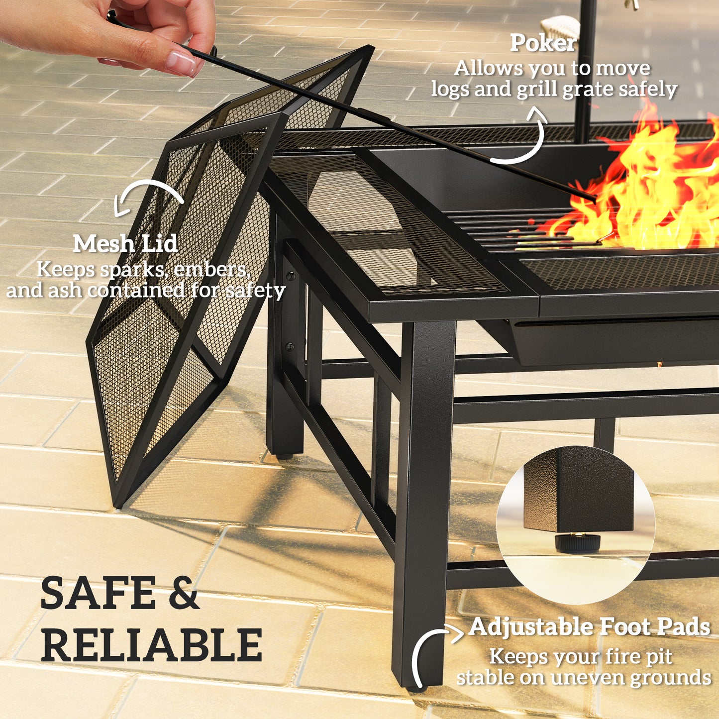 31.9" x 31.9" x 27.8" 2-in-1 Outdoor Fire Pit Firepit with BBQ Grill Grate, Wood Fire Pit with Adjustable Foot Pads, Outer Ledge, Poker, Mesh Lid for Backyard, Black