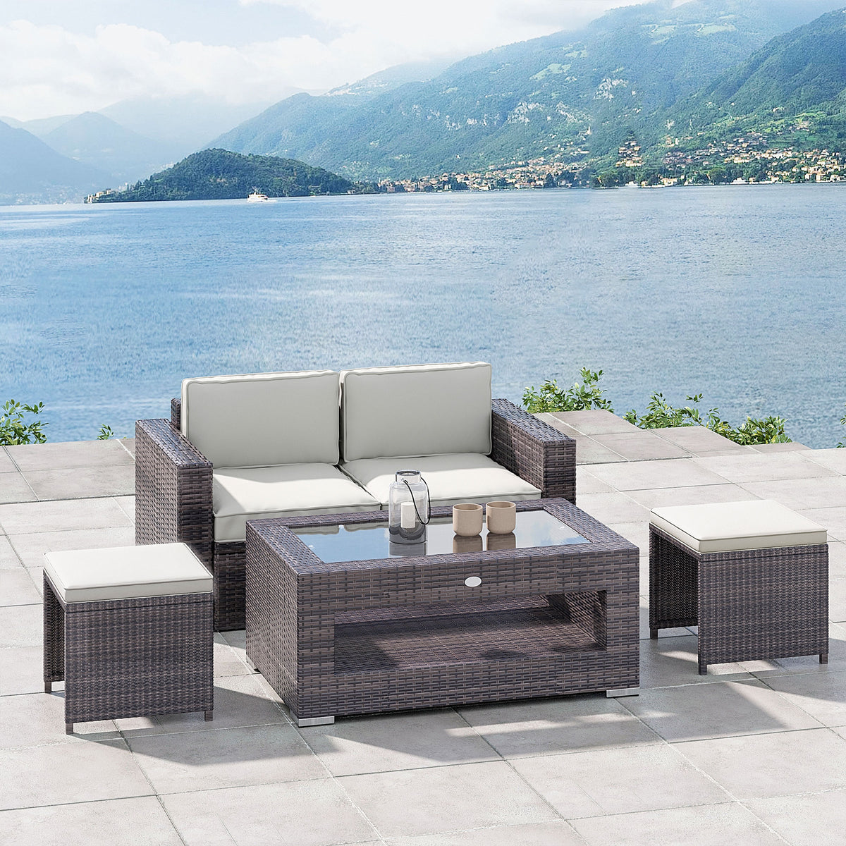 2-Tier Rattan Patio Coffee Table Wicker Patio Tea End Desk with Tempered Glass Top & Storage for Balcony, Backyard, Poolside