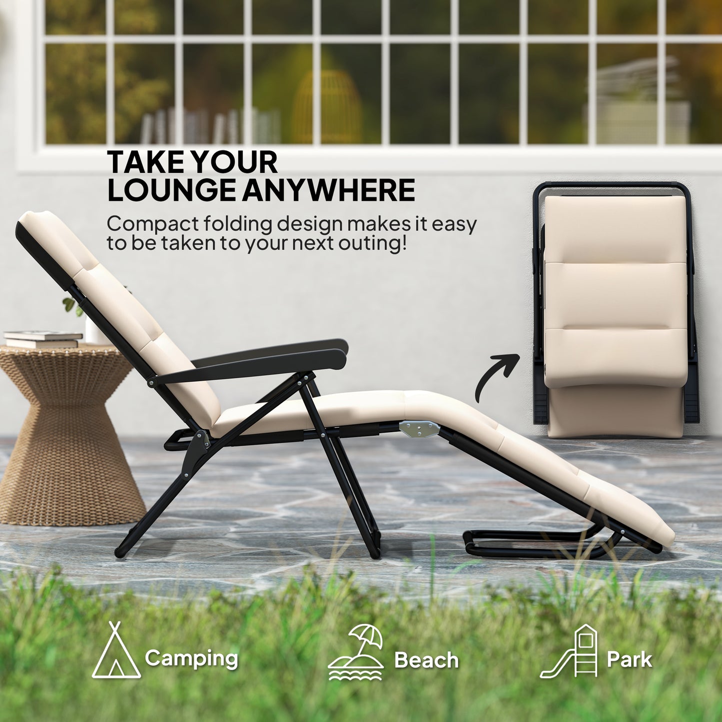 Foldable Lounge Chair, Reclining Patio Sun Lounger with 6-Position Adjustable Back, Black
