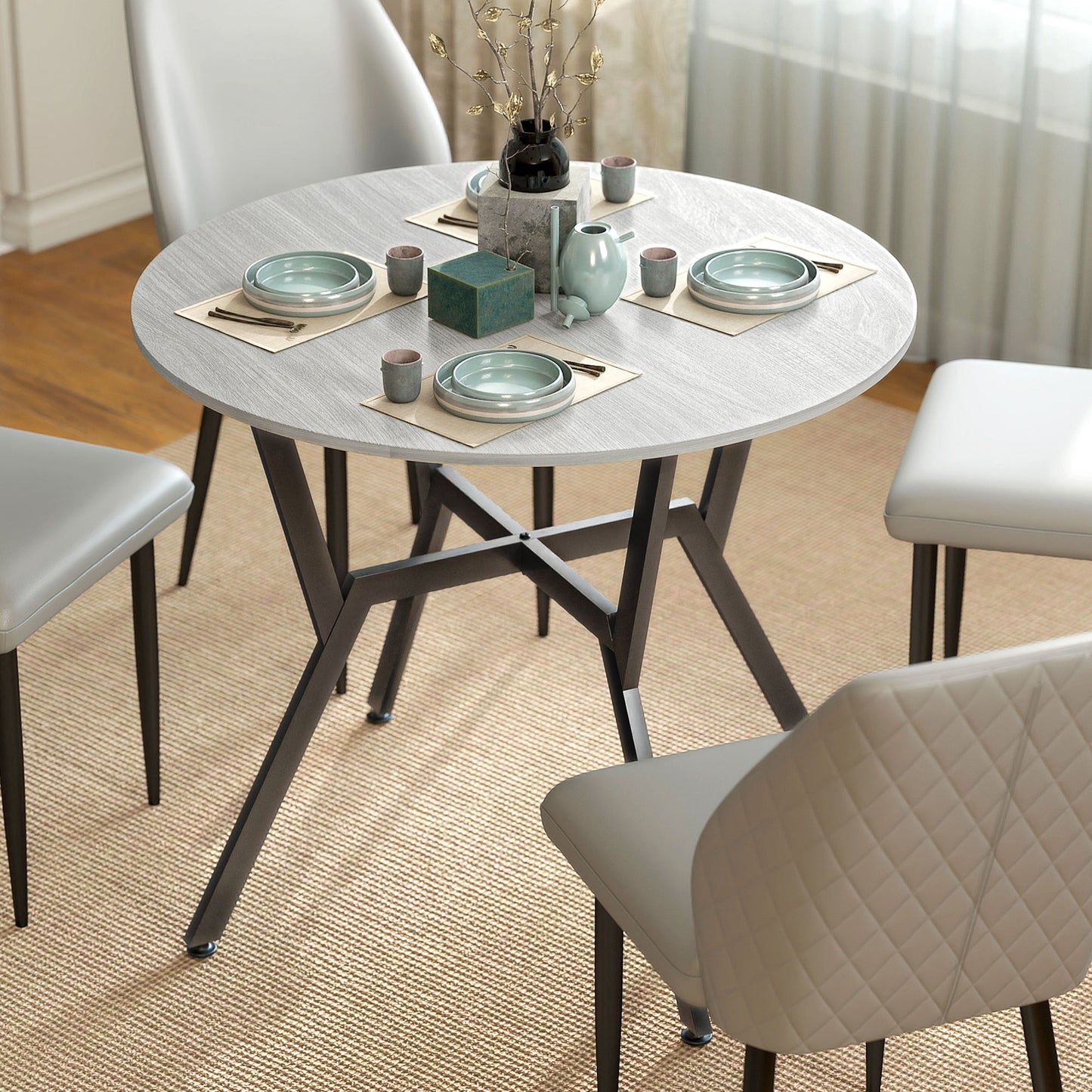 35" Round Dining Table, Modern Dining Room Table with Steel Frame, Space Saving Small Kitchen Table, Grey