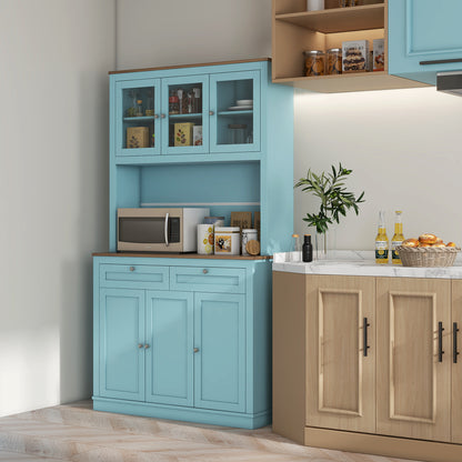 71" Pantry Cabinet with Hutch and Glass Doors - Blue