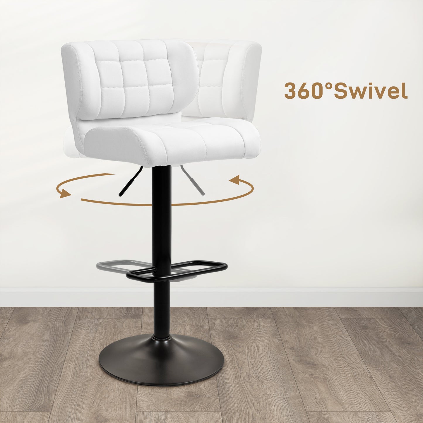 Swivel PU Leather Barstools Set of 2 Adjustable Bar Stools with Footrest Back for Kitchen Counter Dining Room White