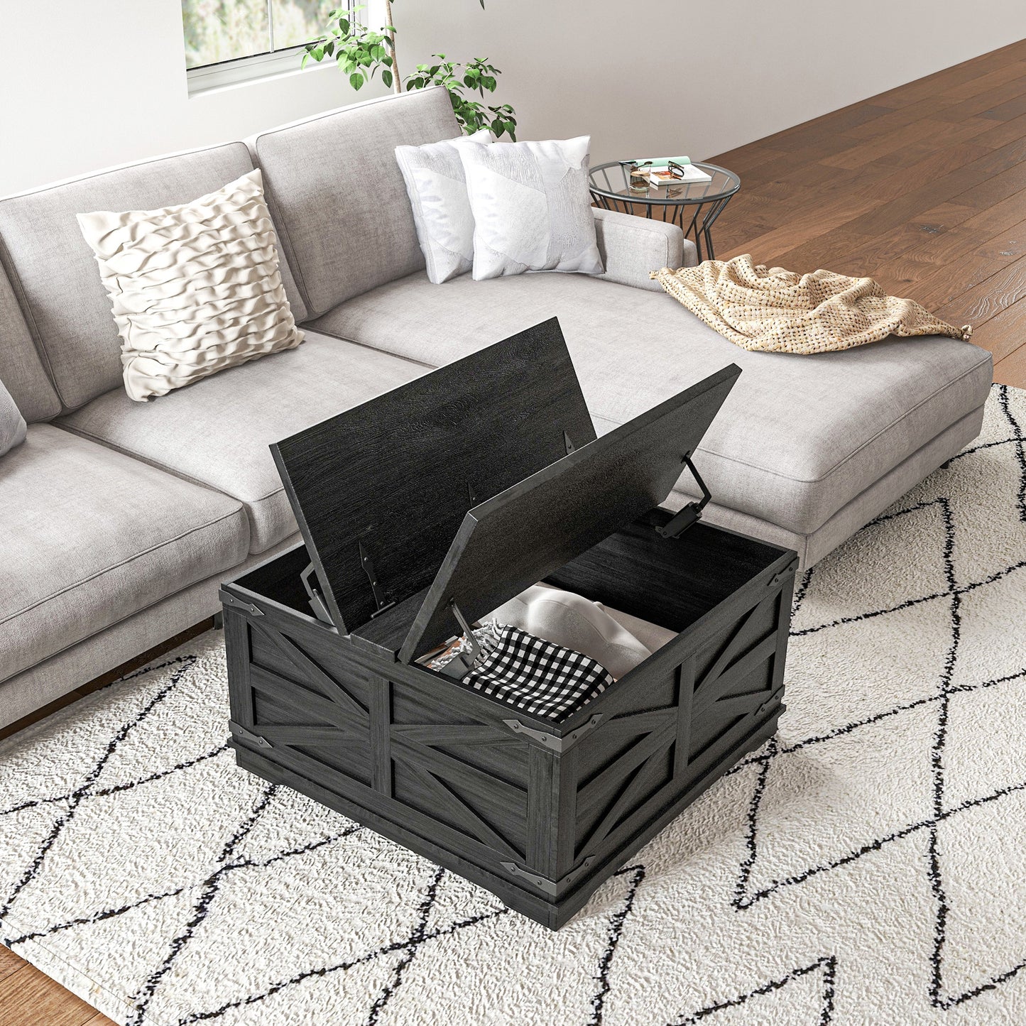 Farmhouse Coffee Table, Square Center Table with Flip-top Lids, Hidden Storage Compartment, Black