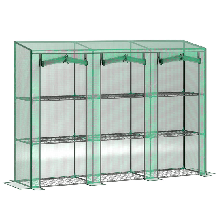 Green Lean-To Greenhouse with 3-Tier Shelves & 3 Roll-Up Doors