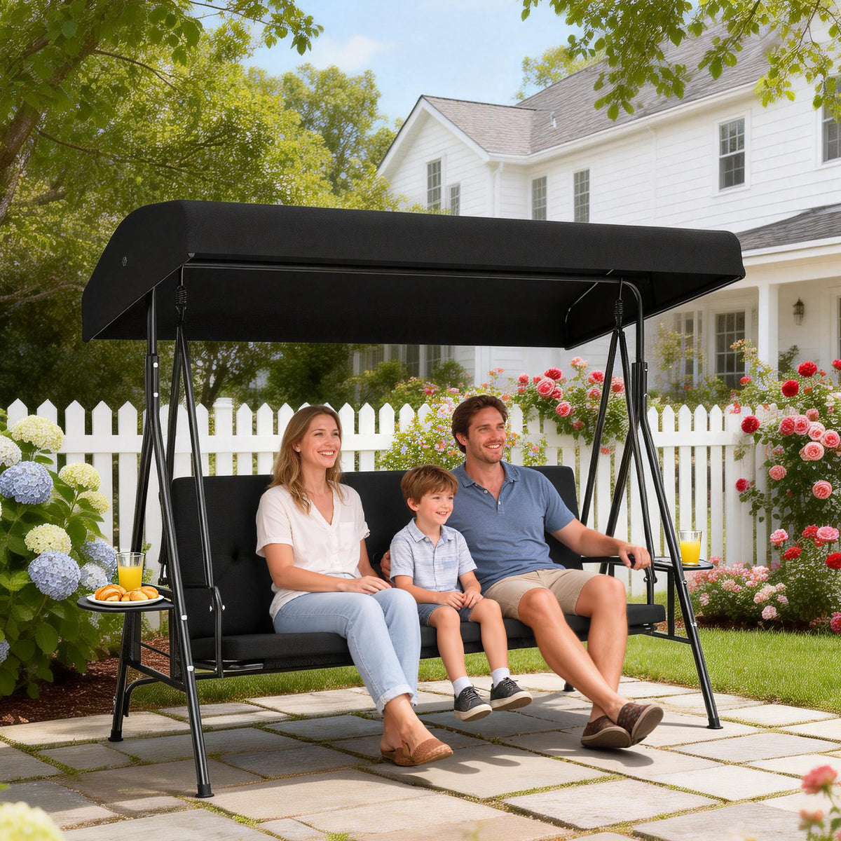 3-Seat Outdoor Porch Swing Patio Swing with Adjustable Canopy, Side Tray, Removable Cushion for Garden, Poolside, Black