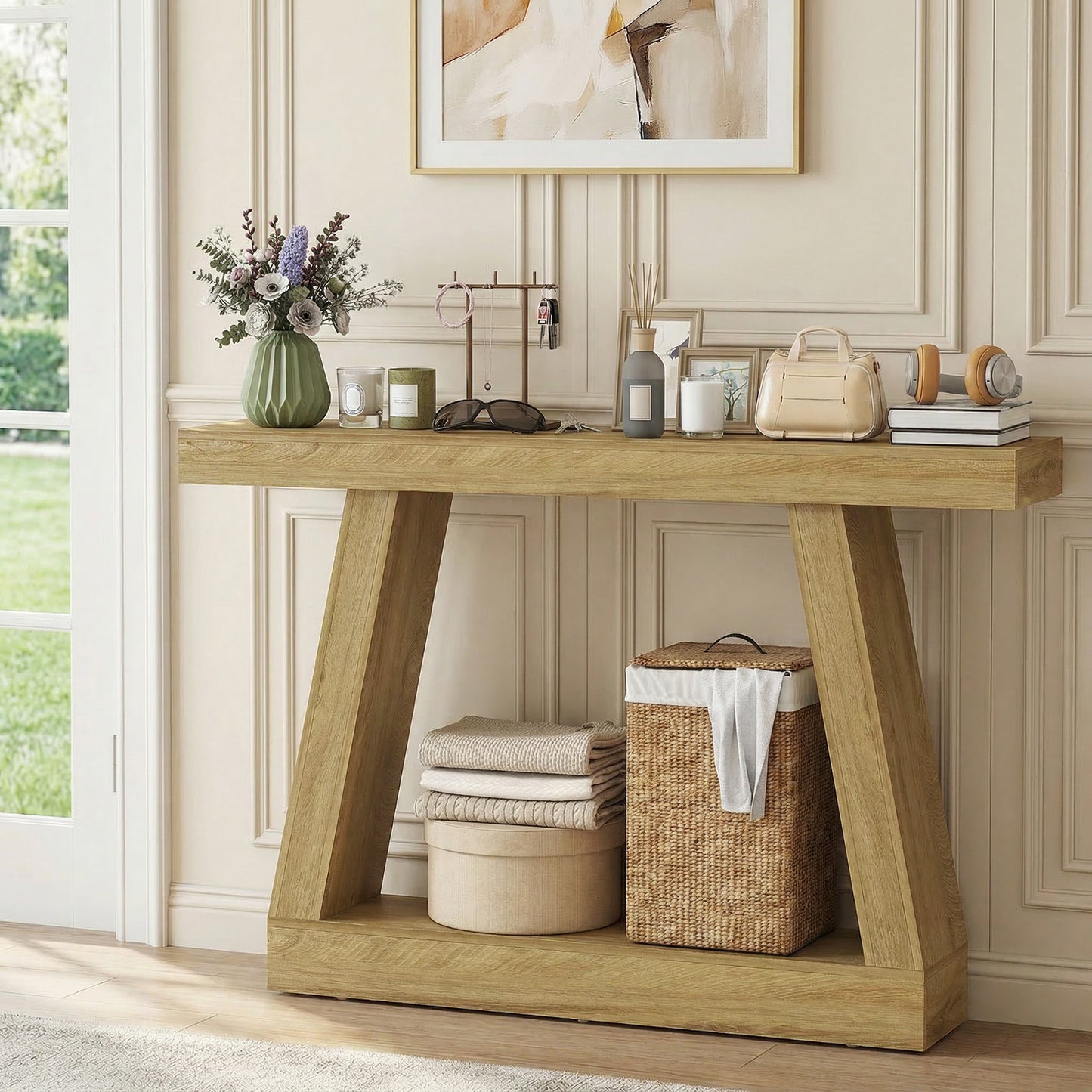 55" Farmhouse Console Table, 2-Tier Entryway Table with Storage for Hallway, Living Room, Behind Couch, Oak