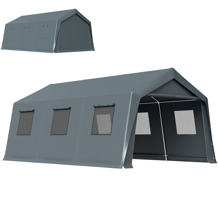 20' x 13' Dark Grey Carport with Roll-Up Door & Windows