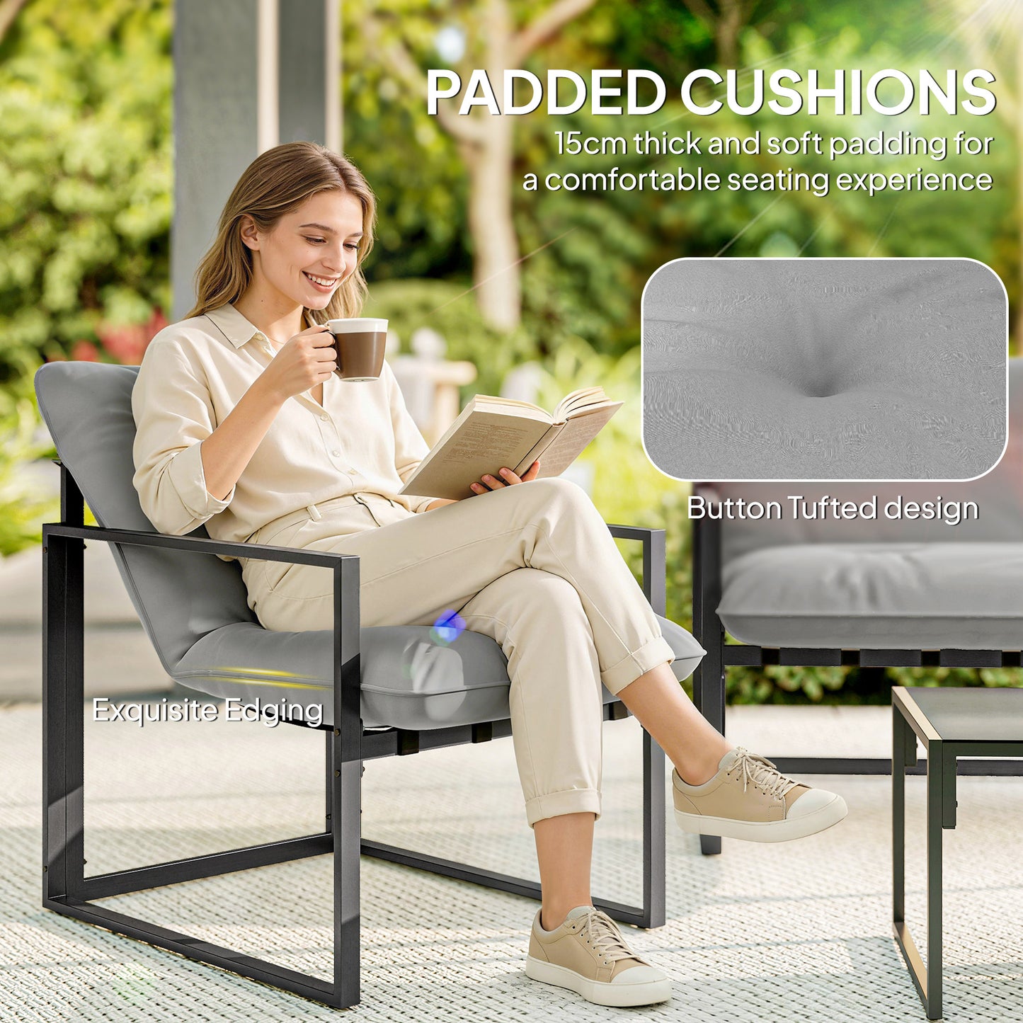 4 Piece Outdoor Furniture Set, Patio Conversation Set with Tempered Glass Table, Loveseat, Chairs, Cushions, Light Grey