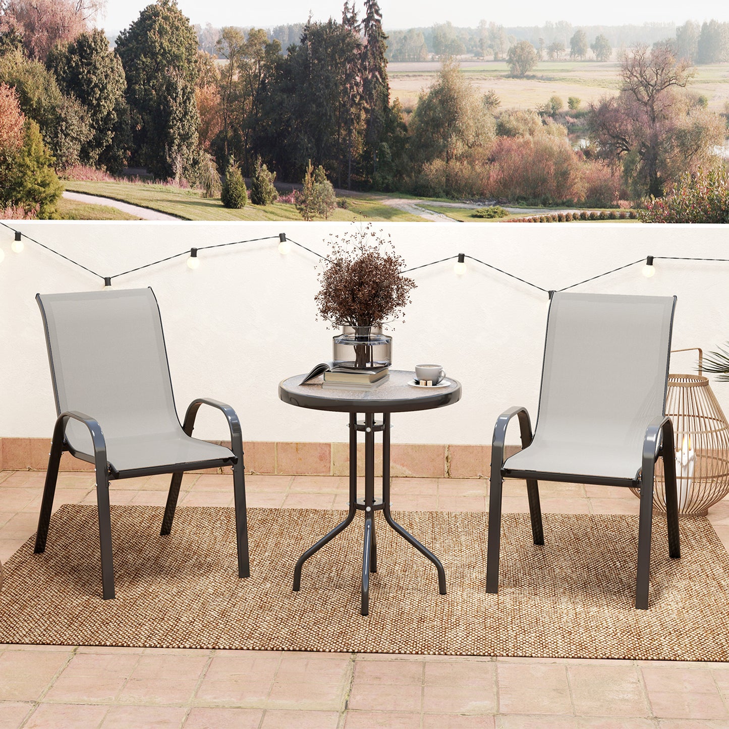 3 Pieces Bistro Set, Small Patio Furniture Set with Stackable Mesh Chairs, Glass Table for Garden, Light Mixed Brown