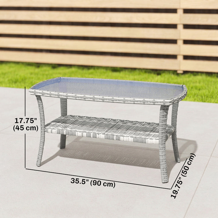PE Wicker Coffee Table with Storage Shelf and Glass Top
