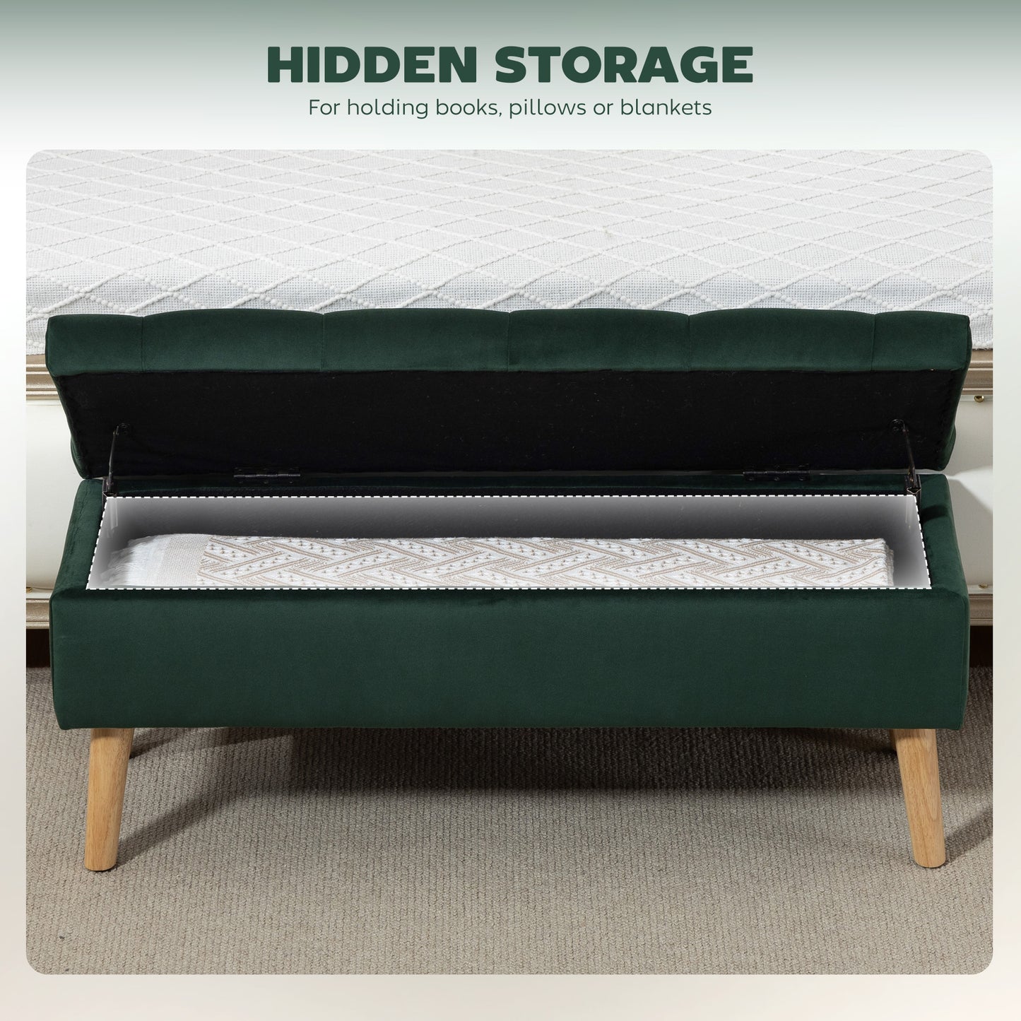 Storage Ottoman with Lid, Velvet Upholstered Storage Bench with Wood Legs for Living Room, Dark Green
