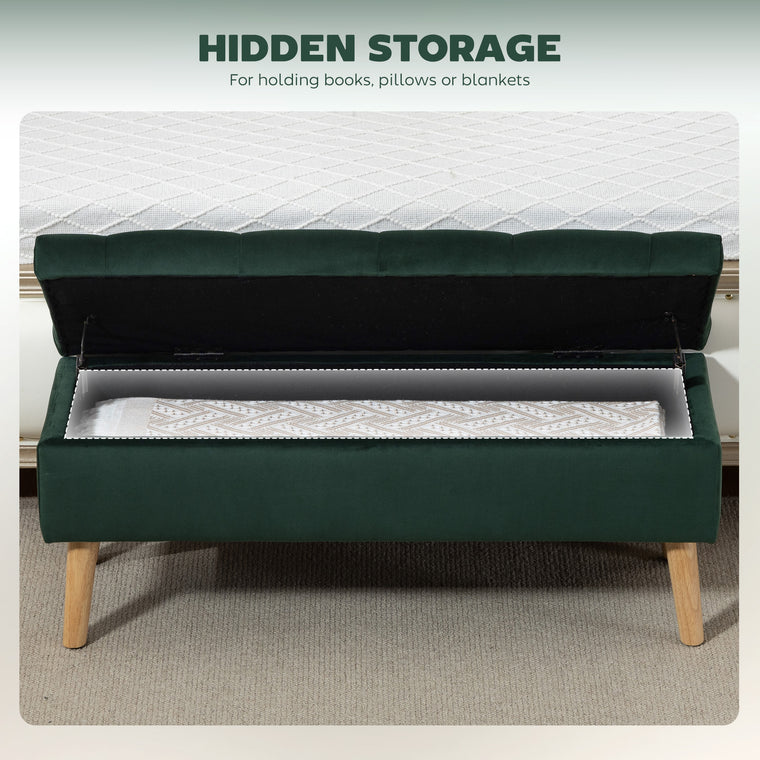 Velvet Storage Ottoman with Wood Legs - Dark Green