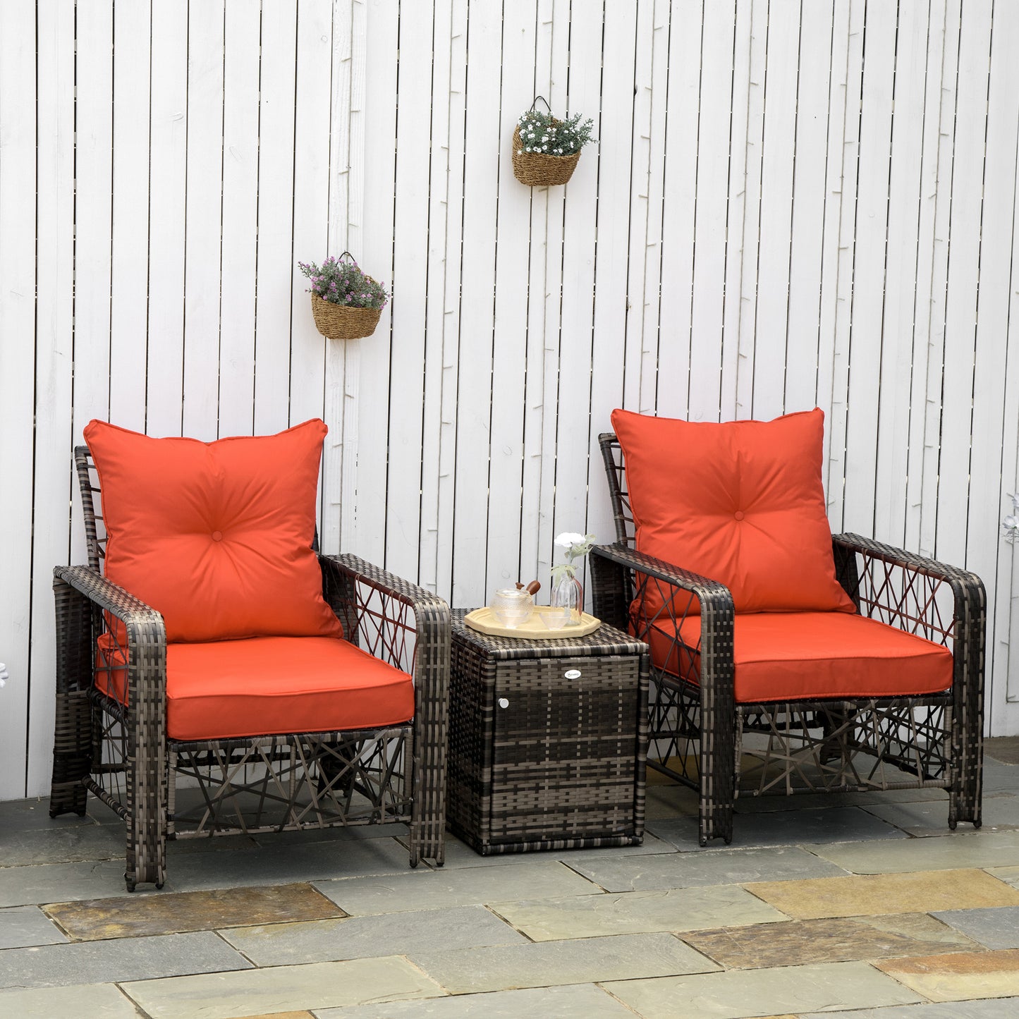 3 Pieces Wicker Patio Furniture Set, Rattan Bistro Set with Storage Coffee Table and Thickened Cushions, Outdoor Conversation Set for Garden, Porch, Balcony, Red - Red