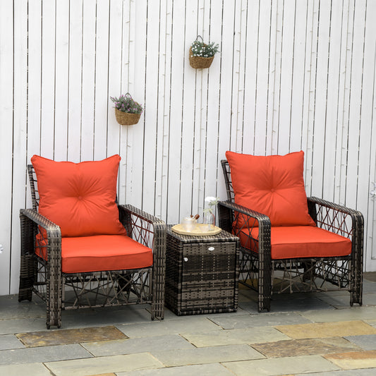 3 Pieces Wicker Patio Furniture Set, Rattan Bistro Set with Storage Coffee Table and Thickened Cushions, Outdoor Conversation Set for Garden, Porch, Balcony, Red - Red