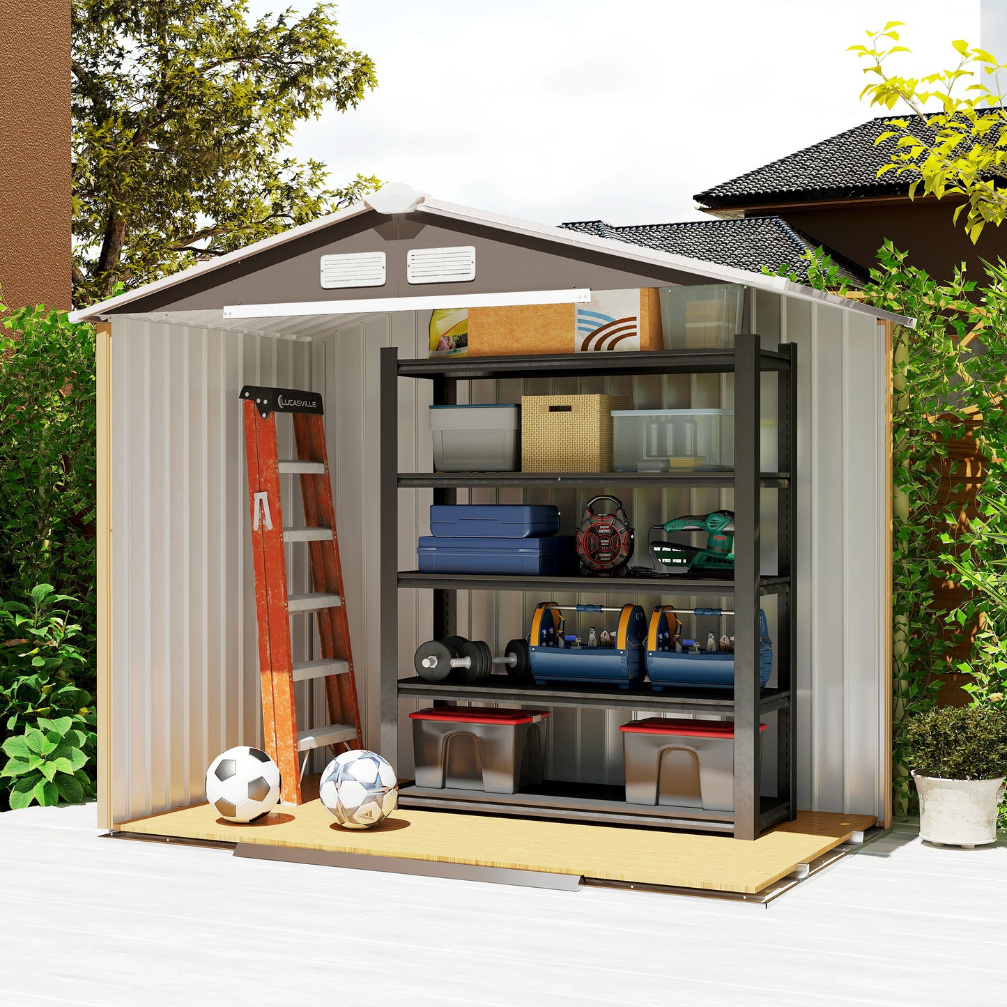 7 x 4 x 6 ft Metal Outdoor Storage Shed, Heavy-Duty Garden Tool House with Foundation Kit and Double Doors, Ideal for Patio and Backyard Storage, Light Brown