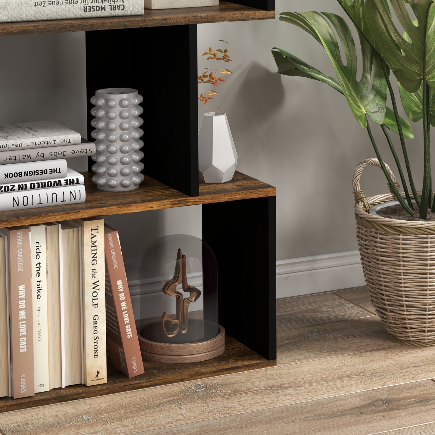5-Tier Bookshelf, Geometric S-Shaped Bookcase, Tall Narrow Display Shelf for Living Room, Study Room, Rustic Brown