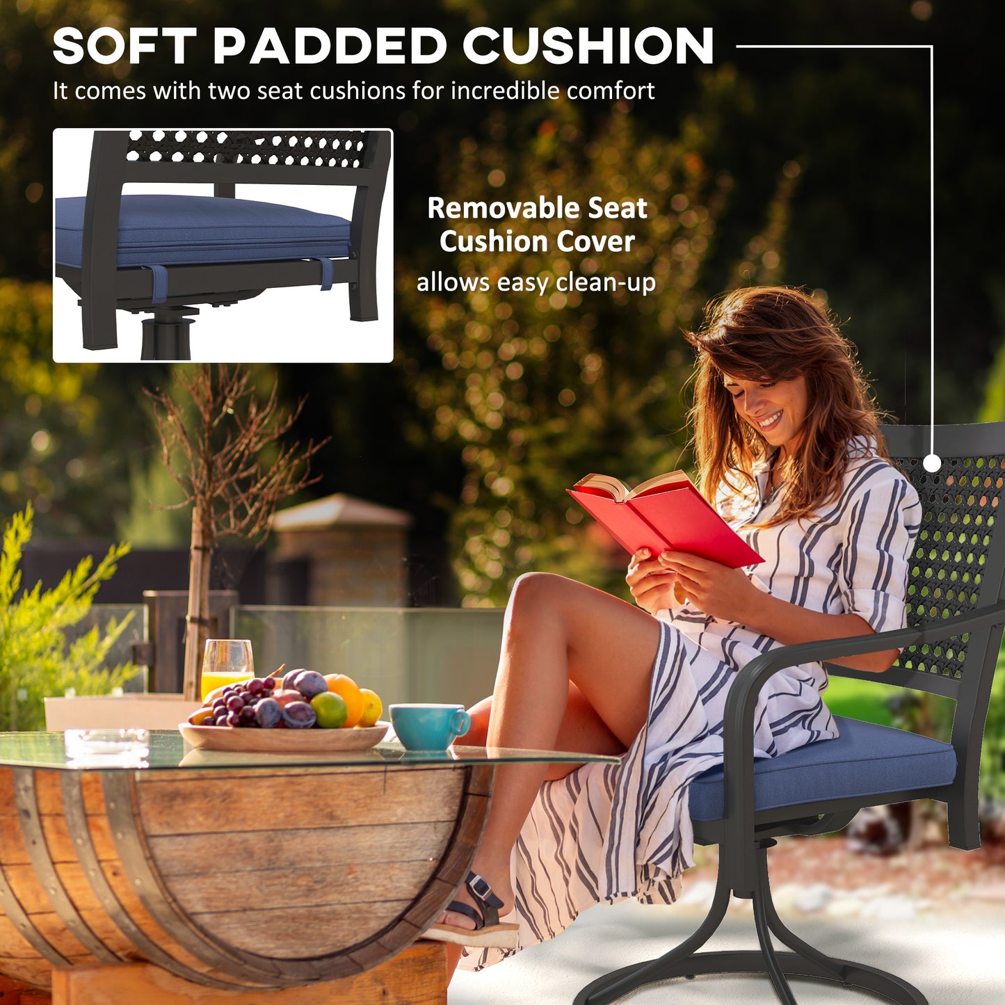 Patio Swivel Chairs with Cushion, Outdoor Swivel Rocker with Curved Armrests, Red