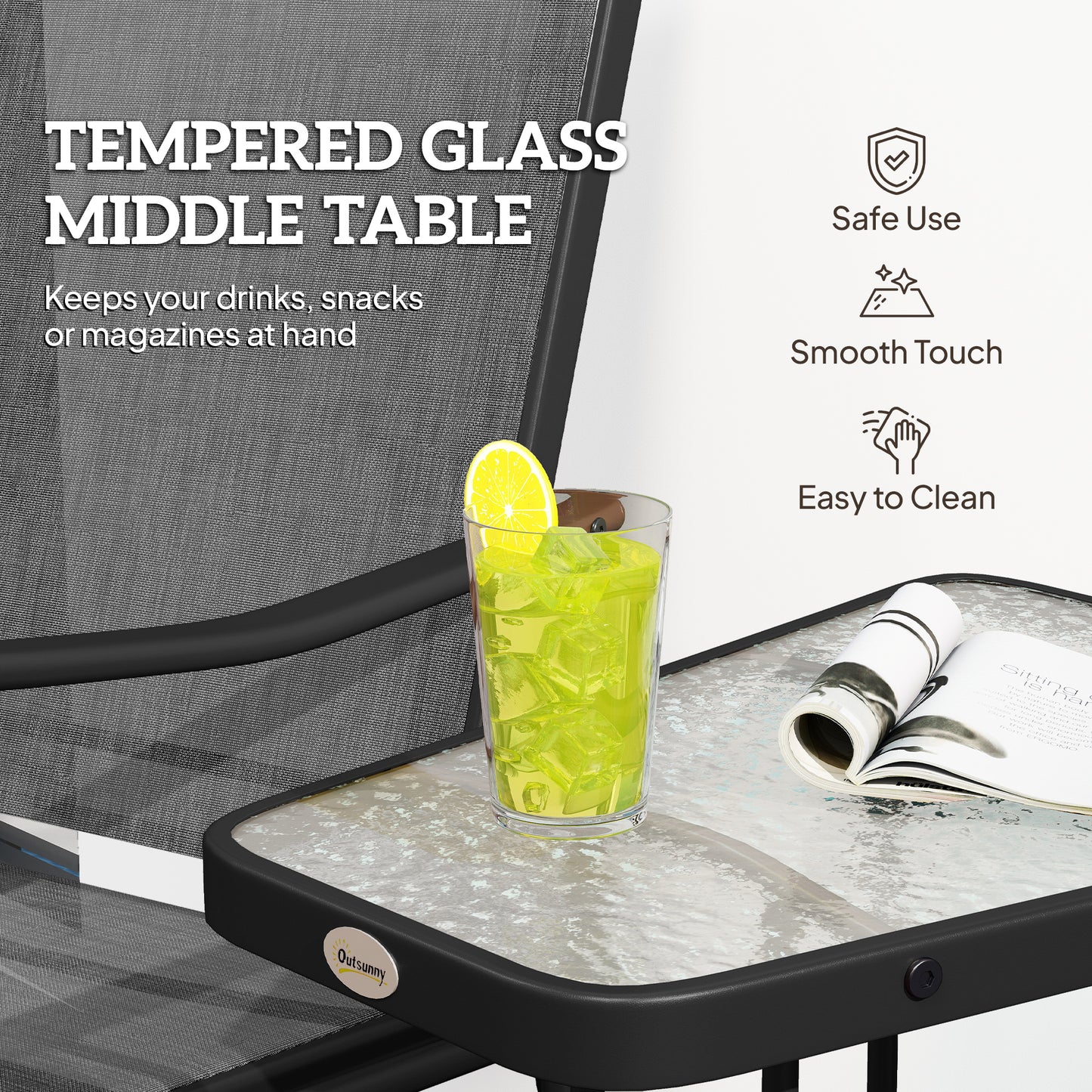 Double Patio Glider Chair with Glass Top Center Table, Outdoor Glider Loveseat with High Back, All Weather Breathable Mesh Fabric for Garden, Backyard, Deck, Black
