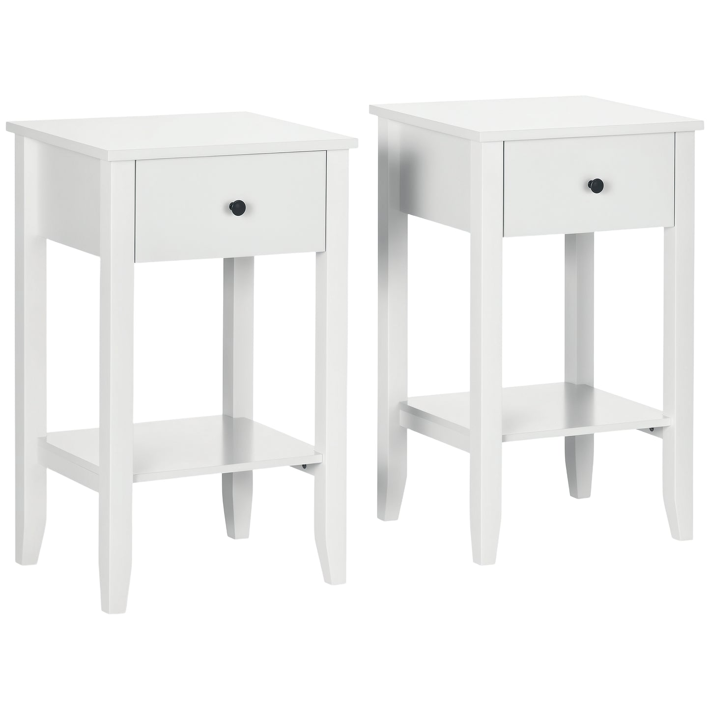 Side Table Set of 2, End Tables with Drawer and Bottom Shelf, 2-tier Nightstand for Bedroom, Living Room, White