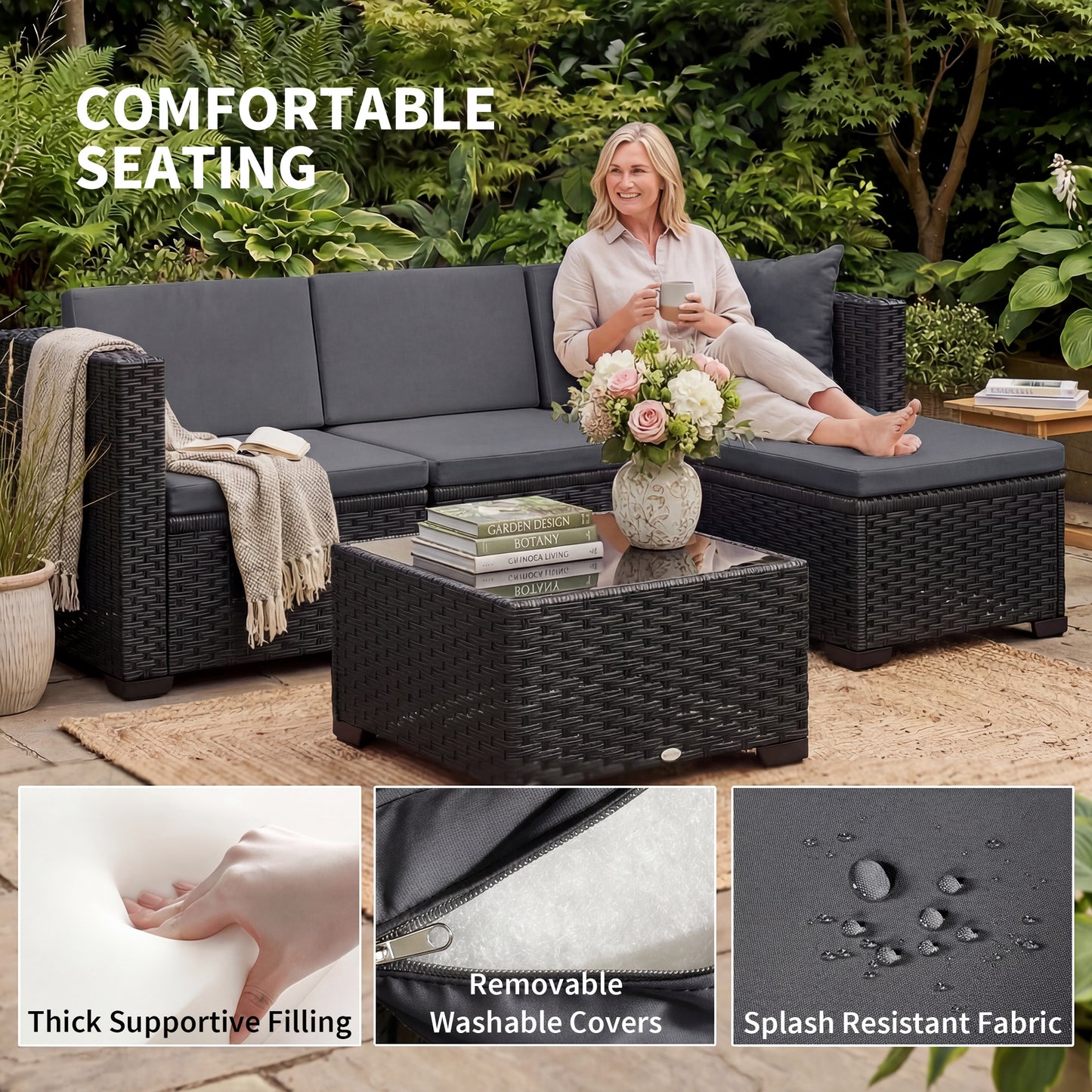 5 Piece Patio Furniture Set, L-Shape Wicker Outdoor Sectional with 3 Chairs, Ottoman, Glass Table, Cushions, Grey