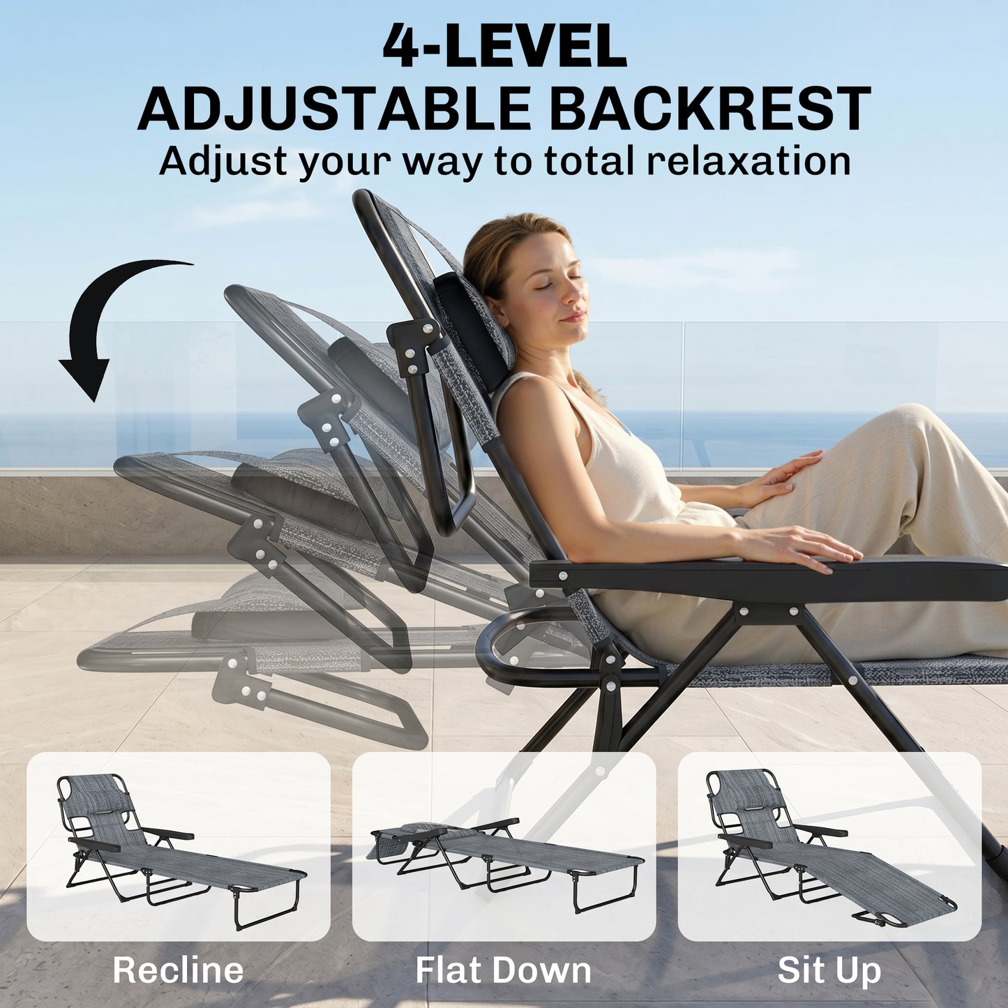 Folding Lounge Chair w/ Reclining Back, Cream White