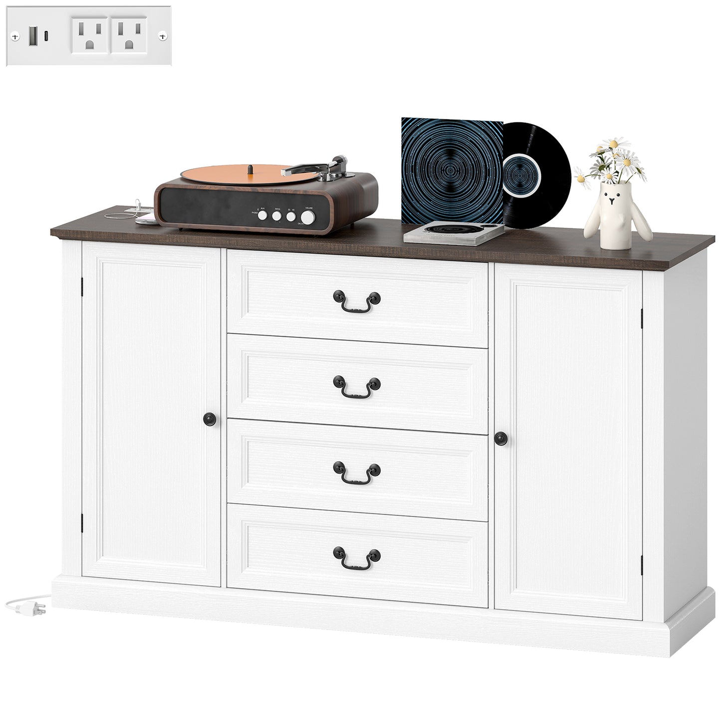 Farmhouse Sideboard with Charging Station, 58" Buffet Cabinet, Kitchen Storage Cabinet with 4 Drawers, 2 Doors, White