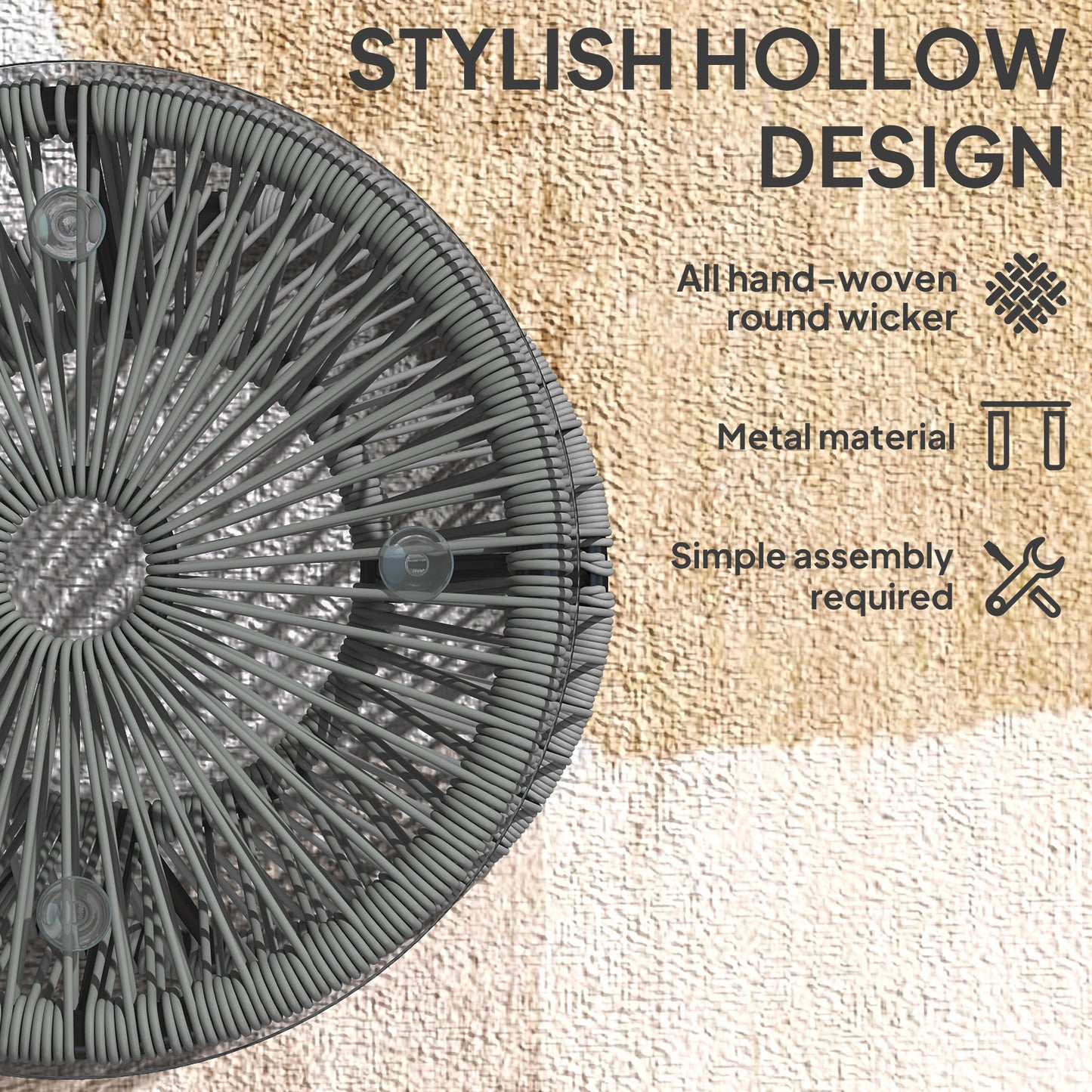 Round End Table, Rattan Side Table, Hollow Drum Design Coffee Table w/ Glass Top for Patio, Garden, Balcony, Dark Grey