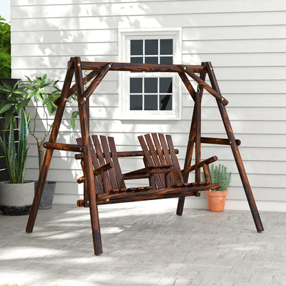 Wooden 2-Seat A-Frame Porch Swing with Table