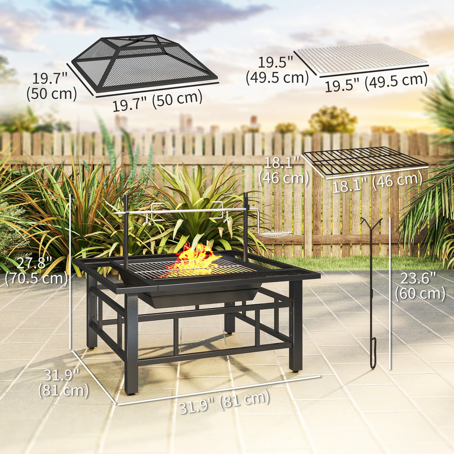 31.9" x 31.9" x 27.8" 2-in-1 Outdoor Fire Pit Firepit with BBQ Grill Grate, Wood Fire Pit with Adjustable Foot Pads, Outer Ledge, Poker, Mesh Lid for Backyard, Black