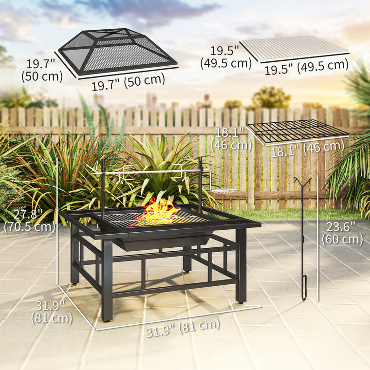 Black 2-in-1 Wood Fire Pit with BBQ Grill Grate