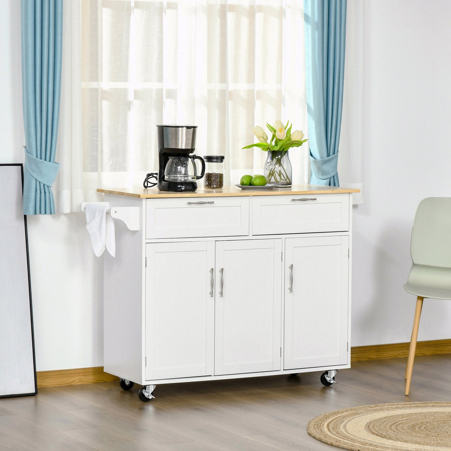 48" Kitchen Island with Storage and Solid Wood Top, Rolling Kitchen Cart on Wheels with 2 Storage Drawers, 3 Doors and Towel Rack for Dining Room, White