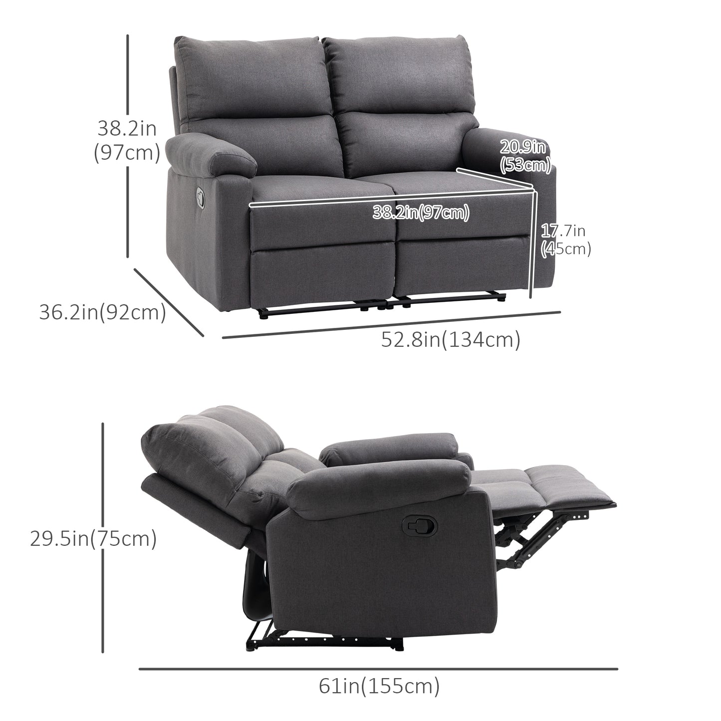 2 Seater Reclining Chair, Loveseat Recliner Sofa with Footrest and Split Backrest, Dark Grey