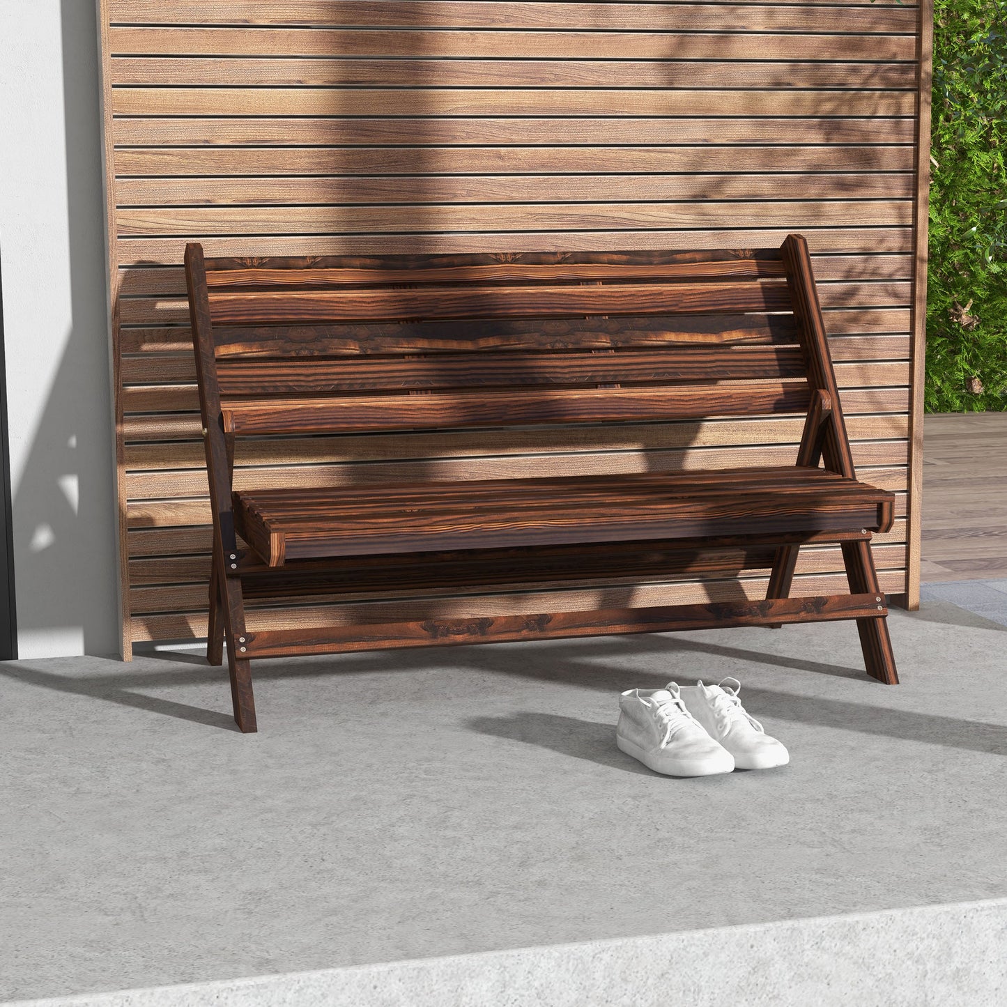2-Seater Wooden Outdoor Bench, Foldable Garden Bench with Slatted Backrest and Seat, Patio Loveseat, Carbonised Finish