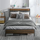 Queen Size Bed Frame with Charging Station, Queen Bed Frame with Upholstered Headboard and Storage Shelf, Walnut