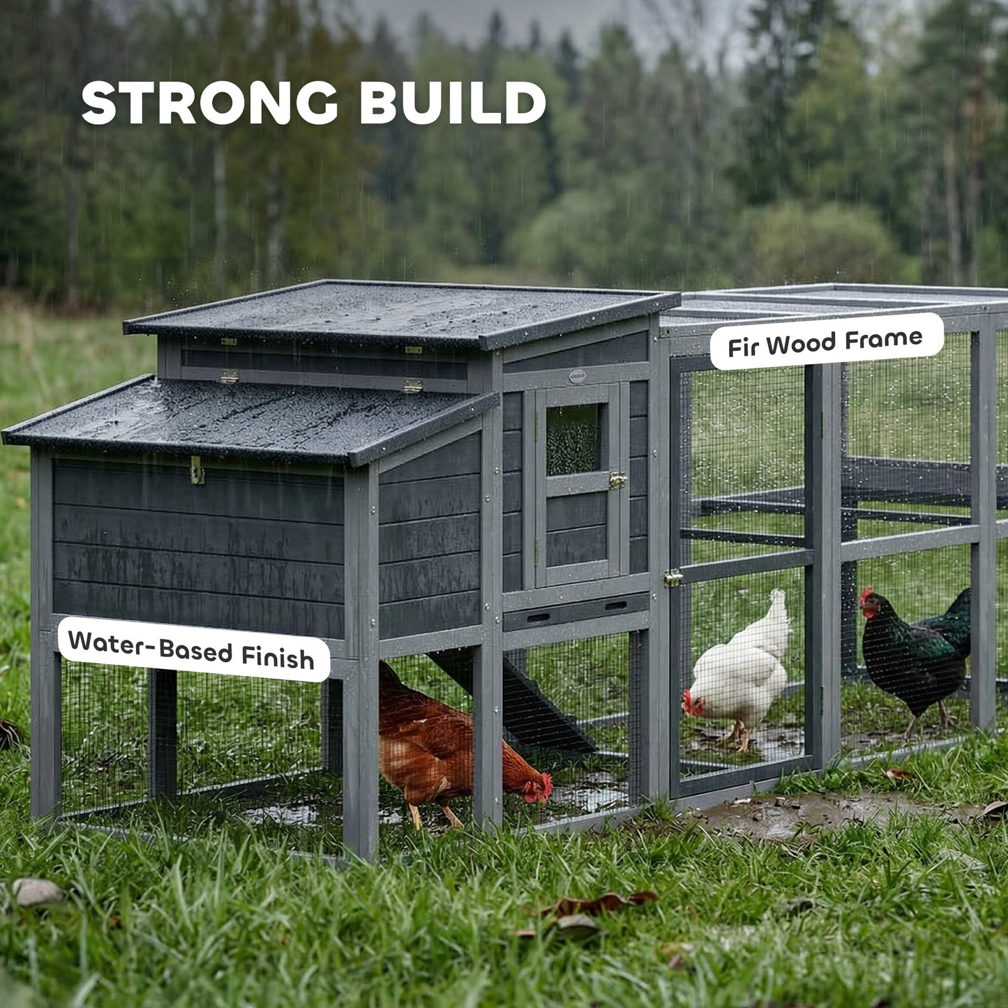 Large Chicken Coop, Wooden Hen House with Covered Run, Nesting Box, Pull-Out Tray, Opening Asphalt Roof