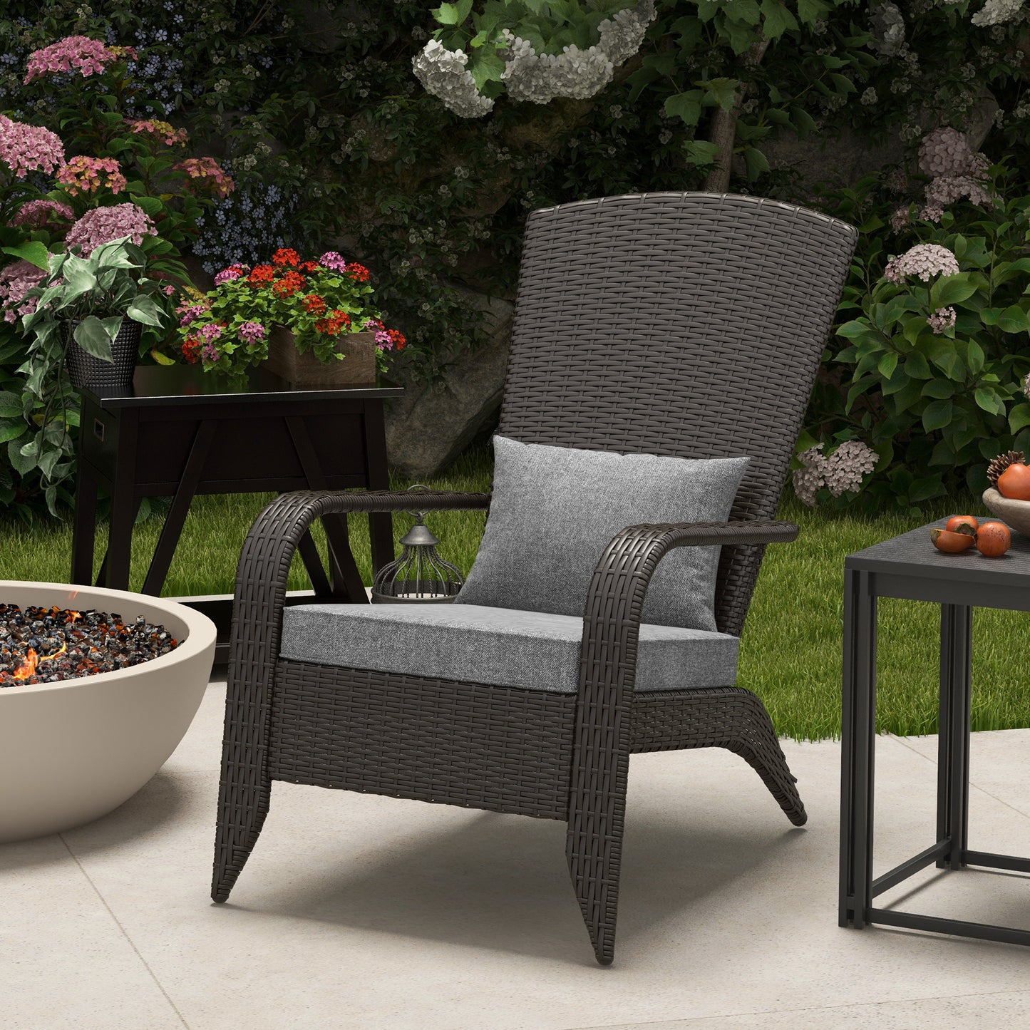 Patio Wicker Adirondack Chair, Outdoor Rattan Muskoka Chair with Cushions for Patio, Garden, Backyard Dark Blue