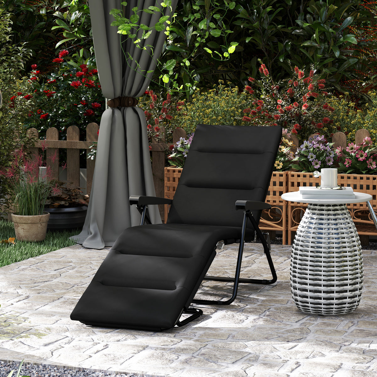 Foldable Lounge Chair, Reclining Patio Sun Lounger with 6-Position Adjustable Back, Black