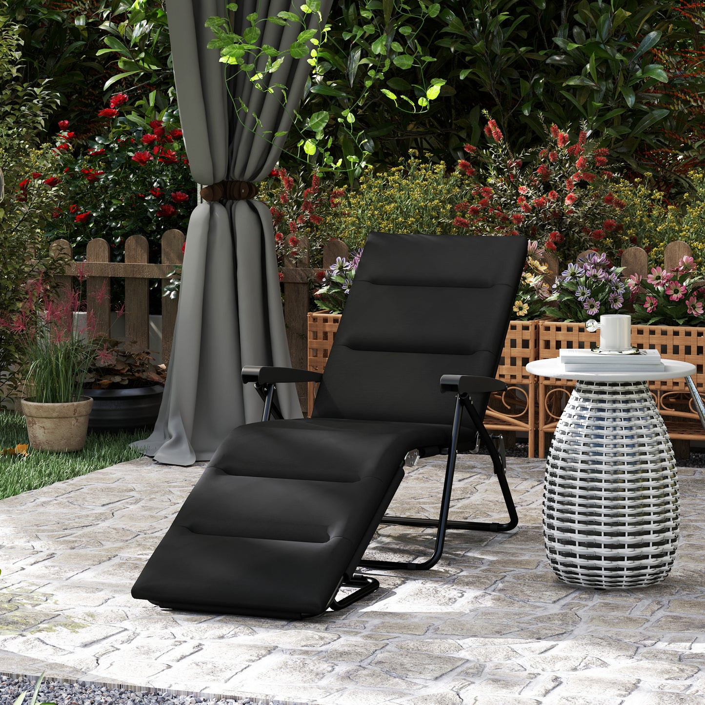 Foldable Lounge Chair, Reclining Patio Sun Lounger with 6-Position Adjustable Back, Black - Black