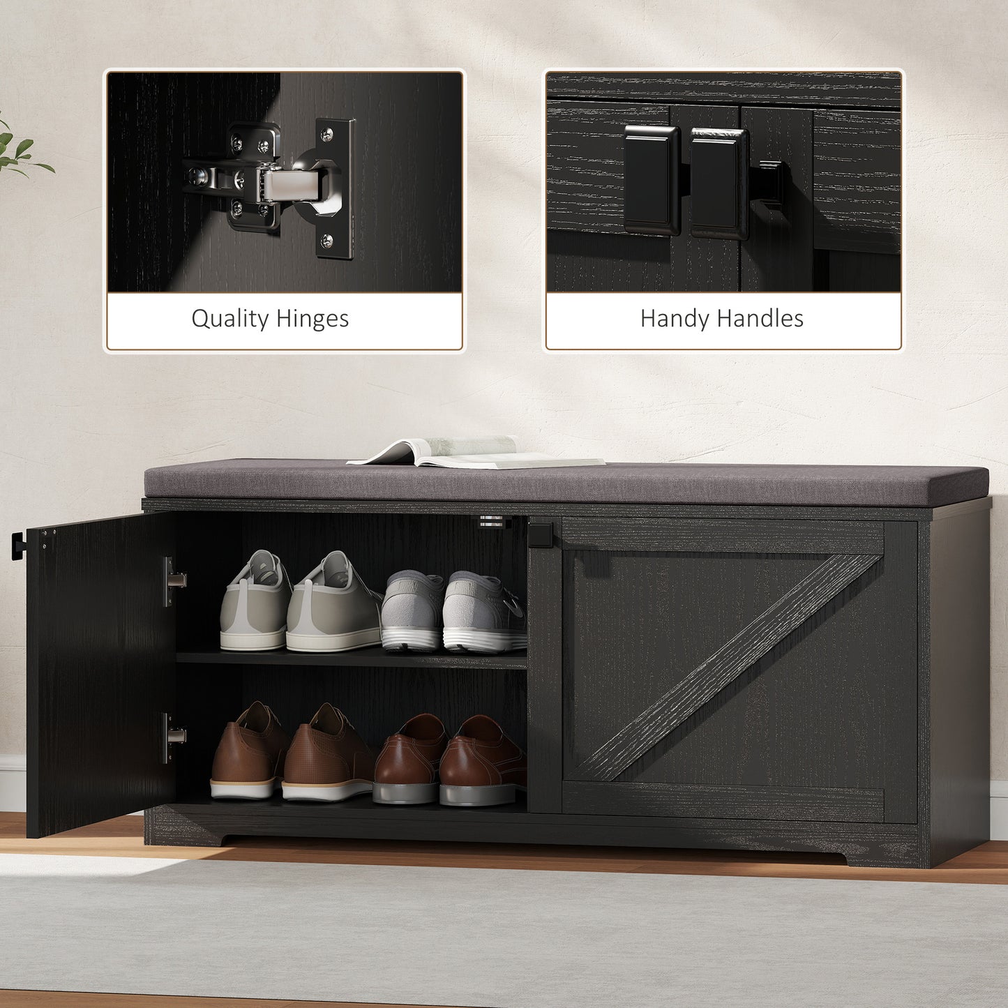 Shoe Storage Bench with Padded Seat, Entryway Bench Holds up to 352 lb, Shoe Organizer, 8 Pairs, Black Wood Grain