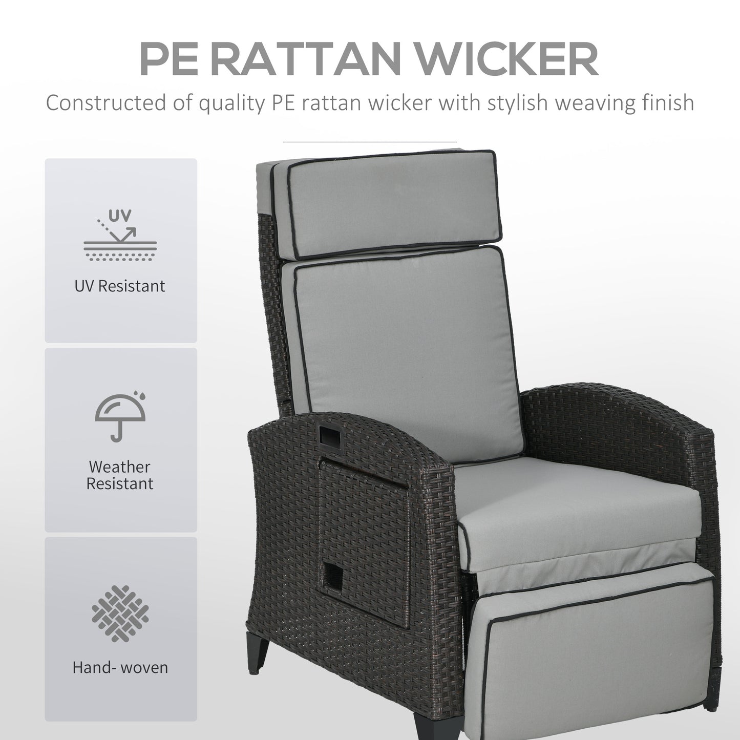 Outdoor Recliner Chair with Adjustable Backrest, Cushion, Side Tray, Black