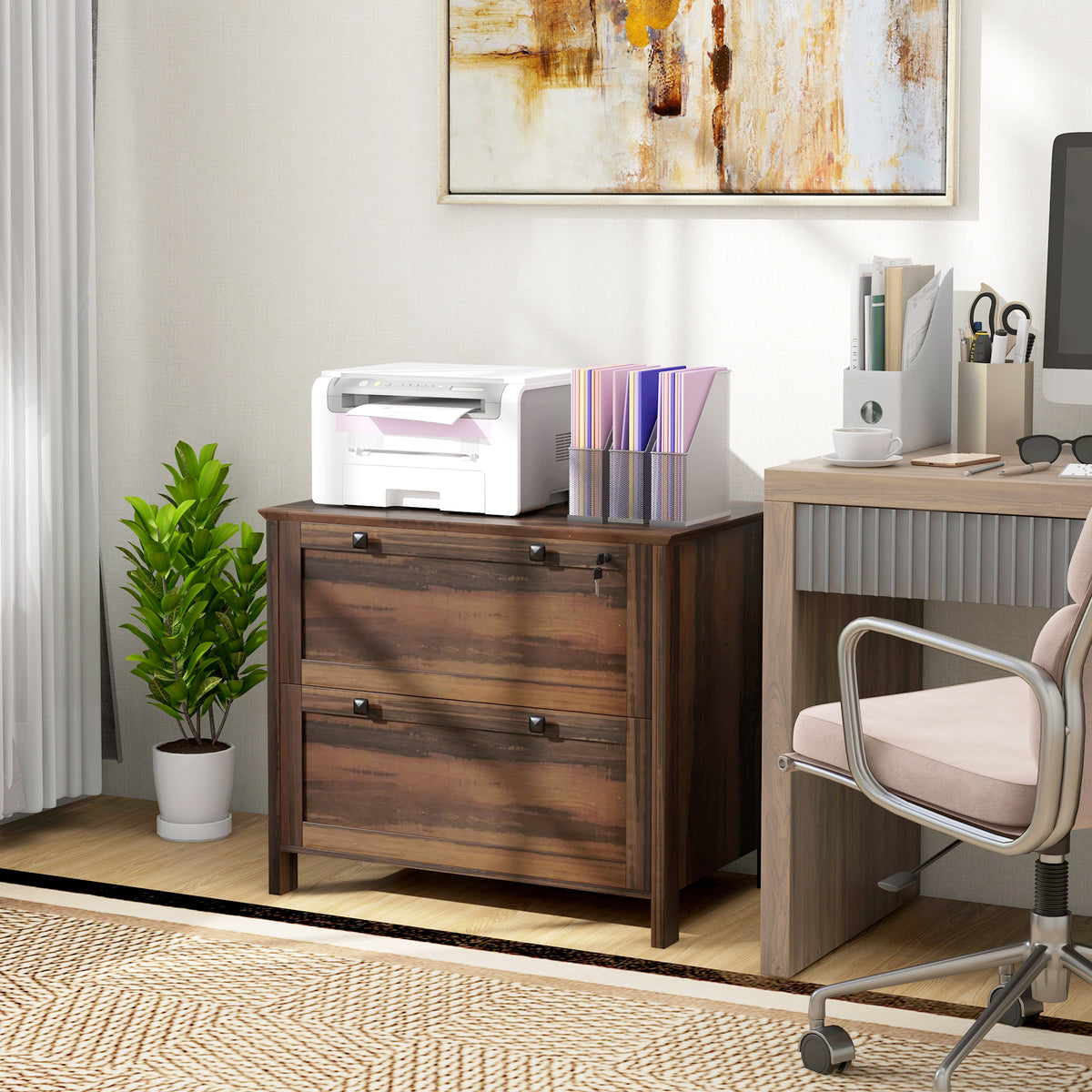 2 Drawer File Cabinet, Lockable Filing Cabinet with Adjustable Hanging Bar for Letter, A4 and Legal Size, Brown