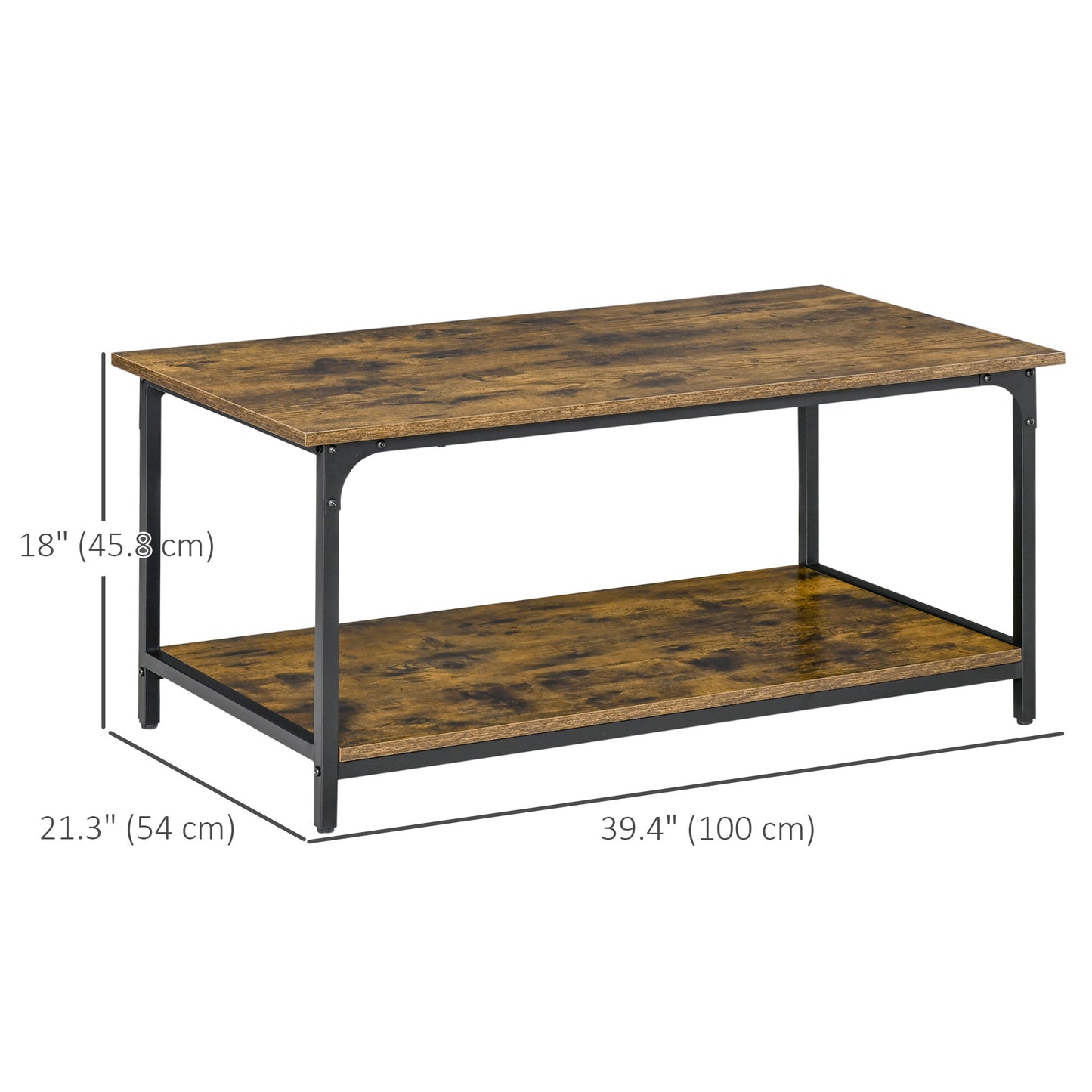 Industrial Coffee Table with Storage Shelf, 2-tier Center Table for Living Room, Rustic Brown