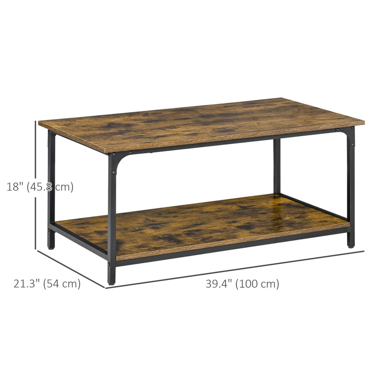 Industrial 2-Tier Coffee Table with Shelf - Rustic Brown