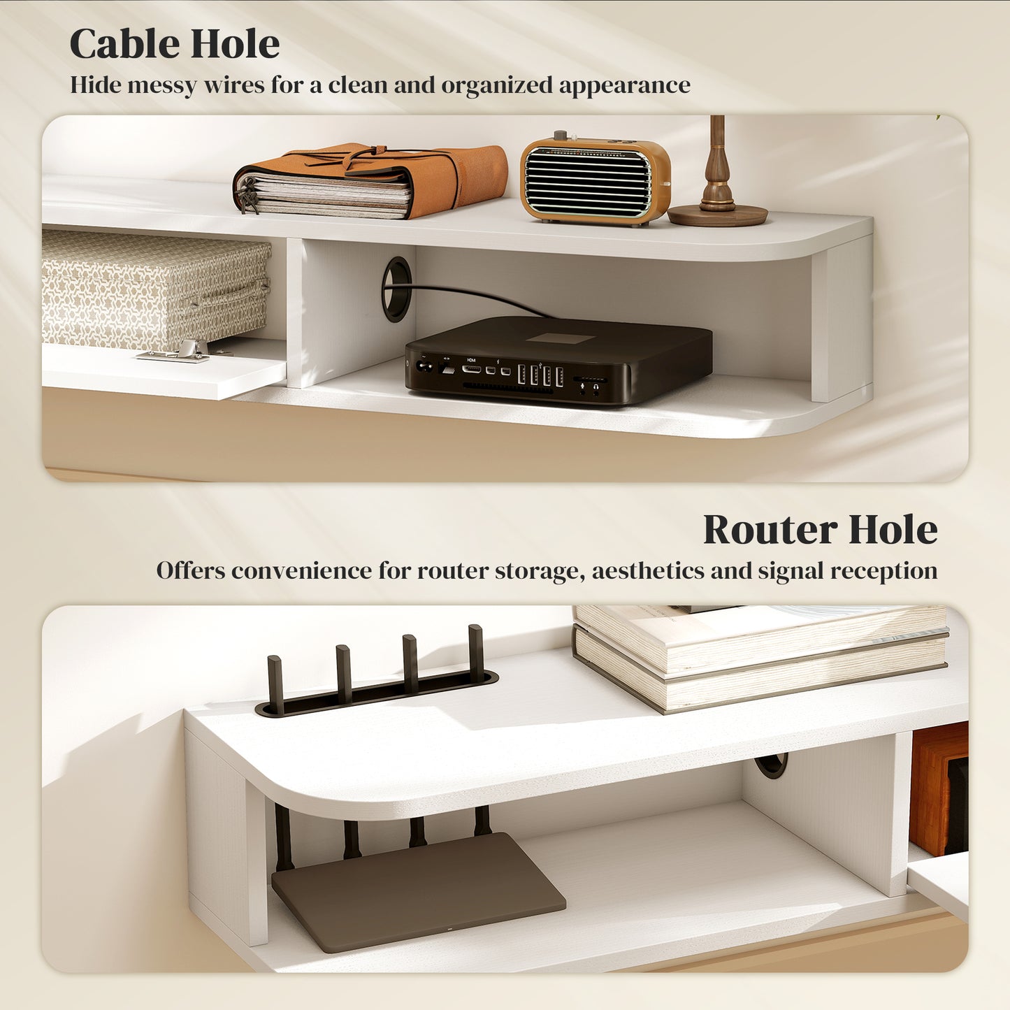 71" Floating TV Stand for TVs up to 75 Inch, Wall Mounted Media Console with Flip Drawer and 2 Open Shelves, White