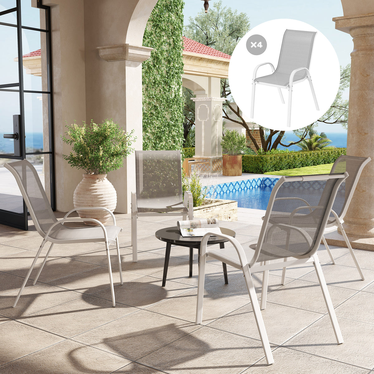 Set of 4 Outdoor Dining Chairs, Stackable Lawn Chairs with High Back, Breathable Mesh Seat for Garden Porch, White