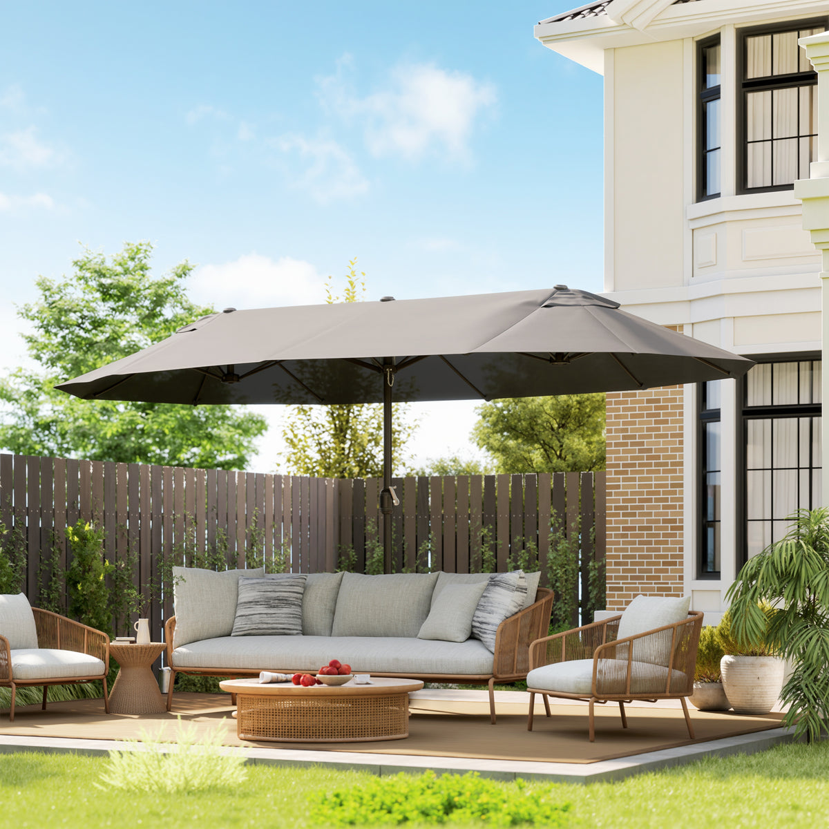 15' Double-Sided Patio Umbrella Parasol Sun Shelter Canopy Shade Grey