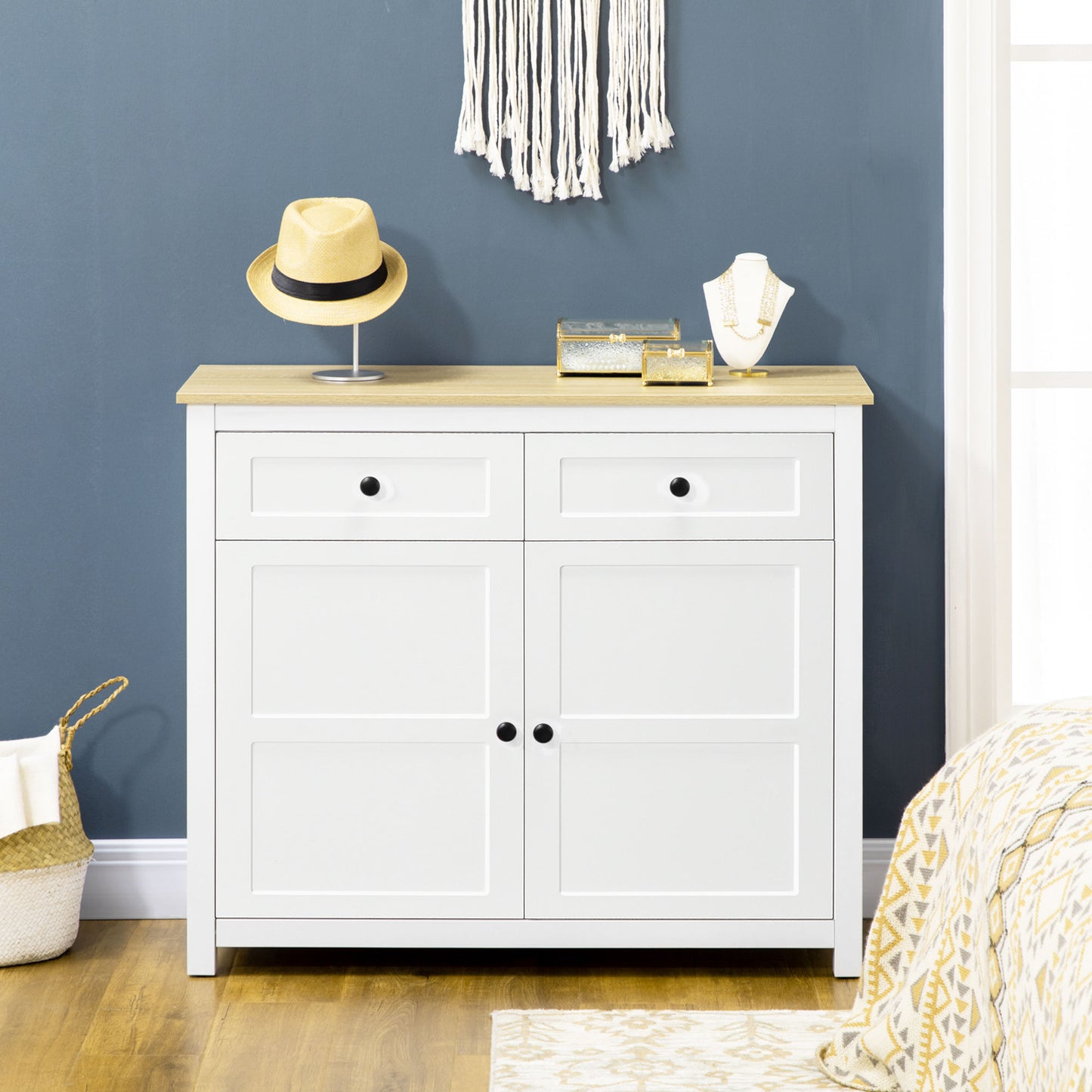 Sideboard, Modern Kitchen Storage Cabinet with Drawers and Adjustable Shelf, for Living Room and Entryway, White